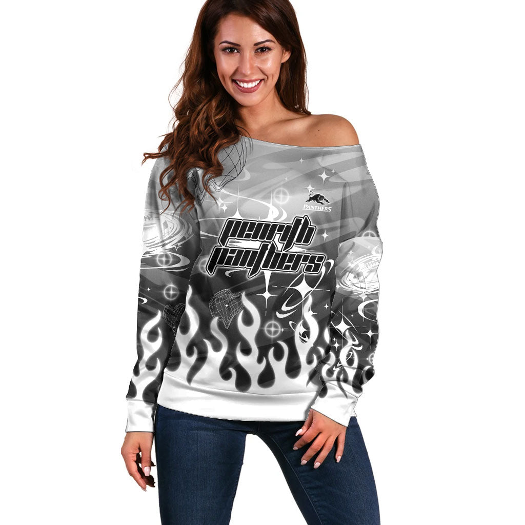 Personalized Penrith Panthers Off Shoulder Sweater Y2K Grunge Aesthetic With Cyber Flames and Starburst Graphics