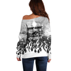 Personalized Penrith Panthers Off Shoulder Sweater Y2K Grunge Aesthetic With Cyber Flames and Starburst Graphics