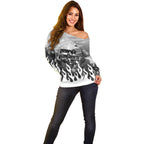 Personalized Penrith Panthers Off Shoulder Sweater Y2K Grunge Aesthetic With Cyber Flames and Starburst Graphics