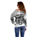Personalized Penrith Panthers Off Shoulder Sweater Y2K Grunge Aesthetic With Cyber Flames and Starburst Graphics