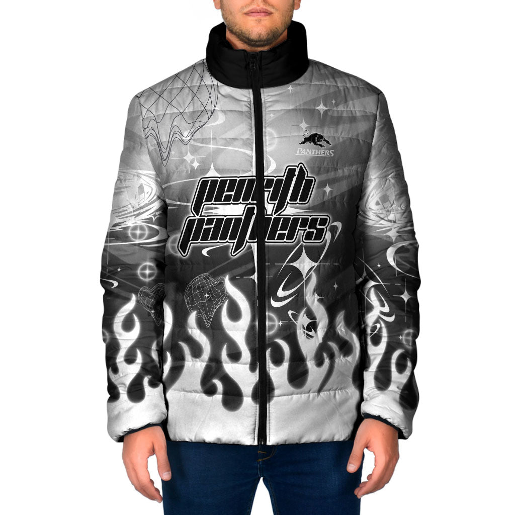 Personalized Penrith Panthers Padded Jacket Y2K Grunge Aesthetic With Cyber Flames and Starburst Graphics