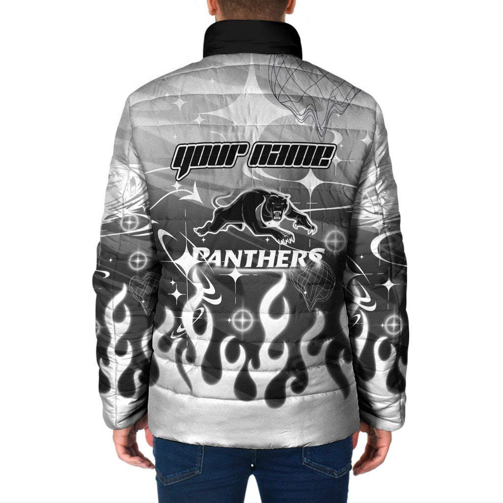 Personalized Penrith Panthers Padded Jacket Y2K Grunge Aesthetic With Cyber Flames and Starburst Graphics