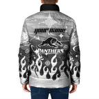 Personalized Penrith Panthers Padded Jacket Y2K Grunge Aesthetic With Cyber Flames and Starburst Graphics