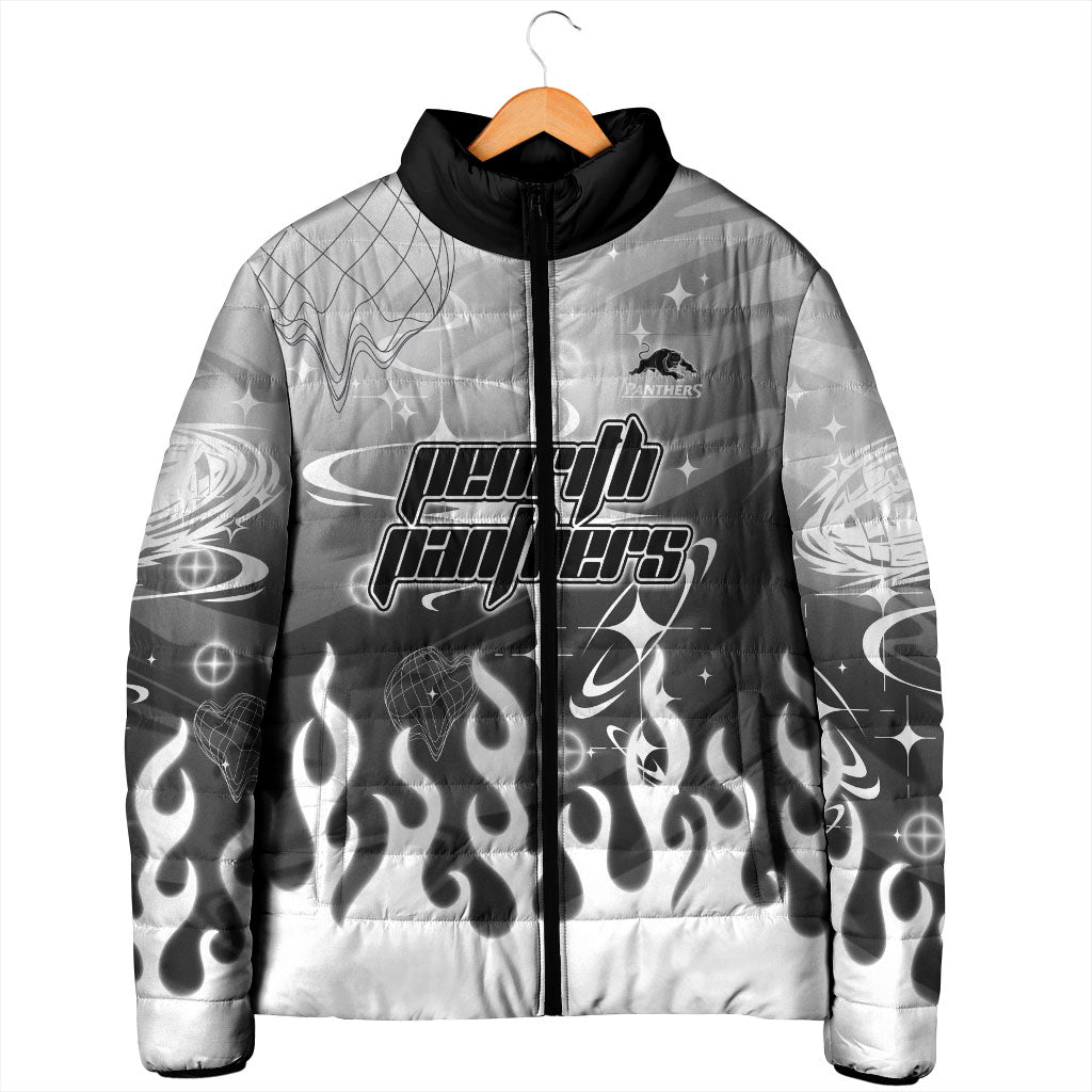 Personalized Penrith Panthers Padded Jacket Y2K Grunge Aesthetic With Cyber Flames and Starburst Graphics