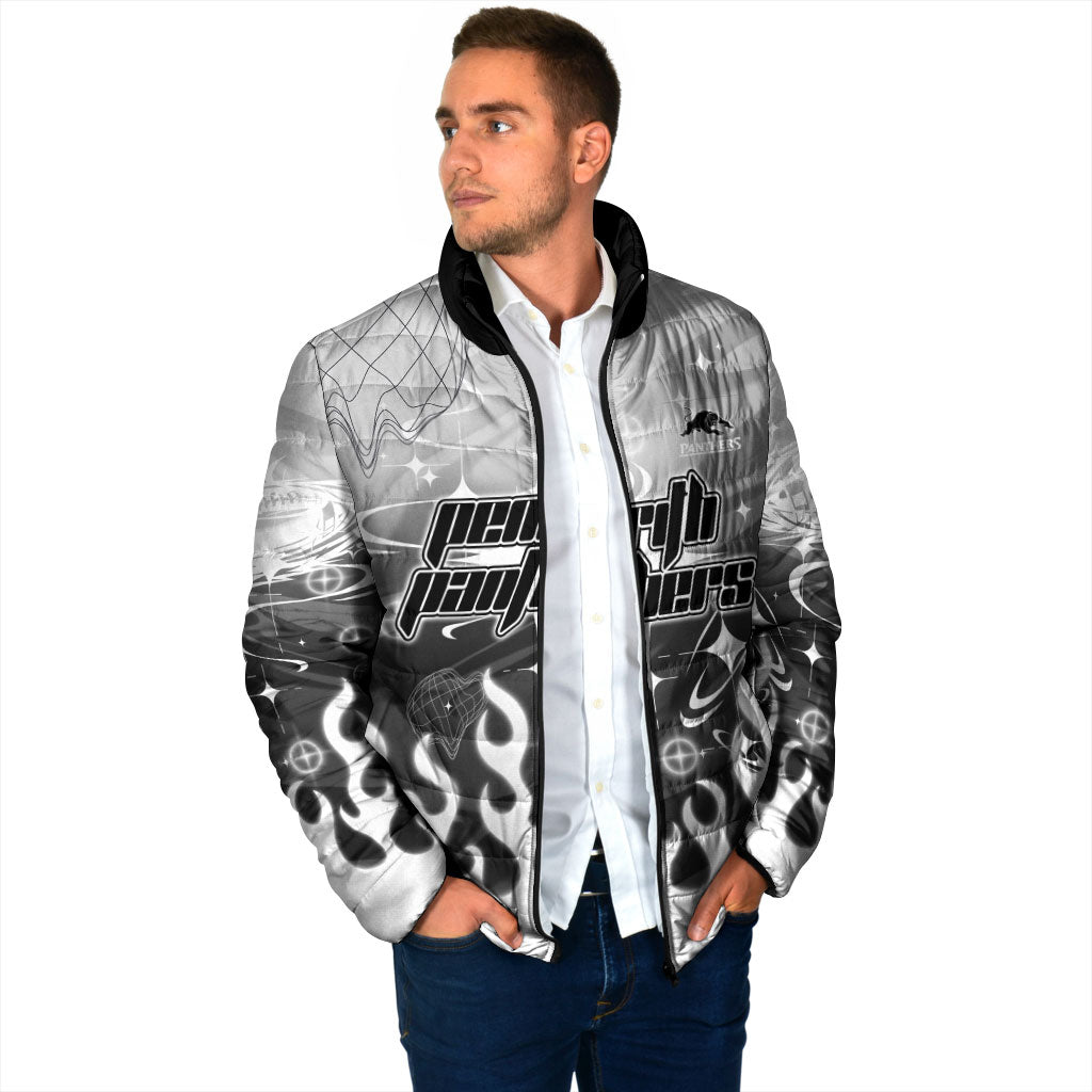 Personalized Penrith Panthers Padded Jacket Y2K Grunge Aesthetic With Cyber Flames and Starburst Graphics