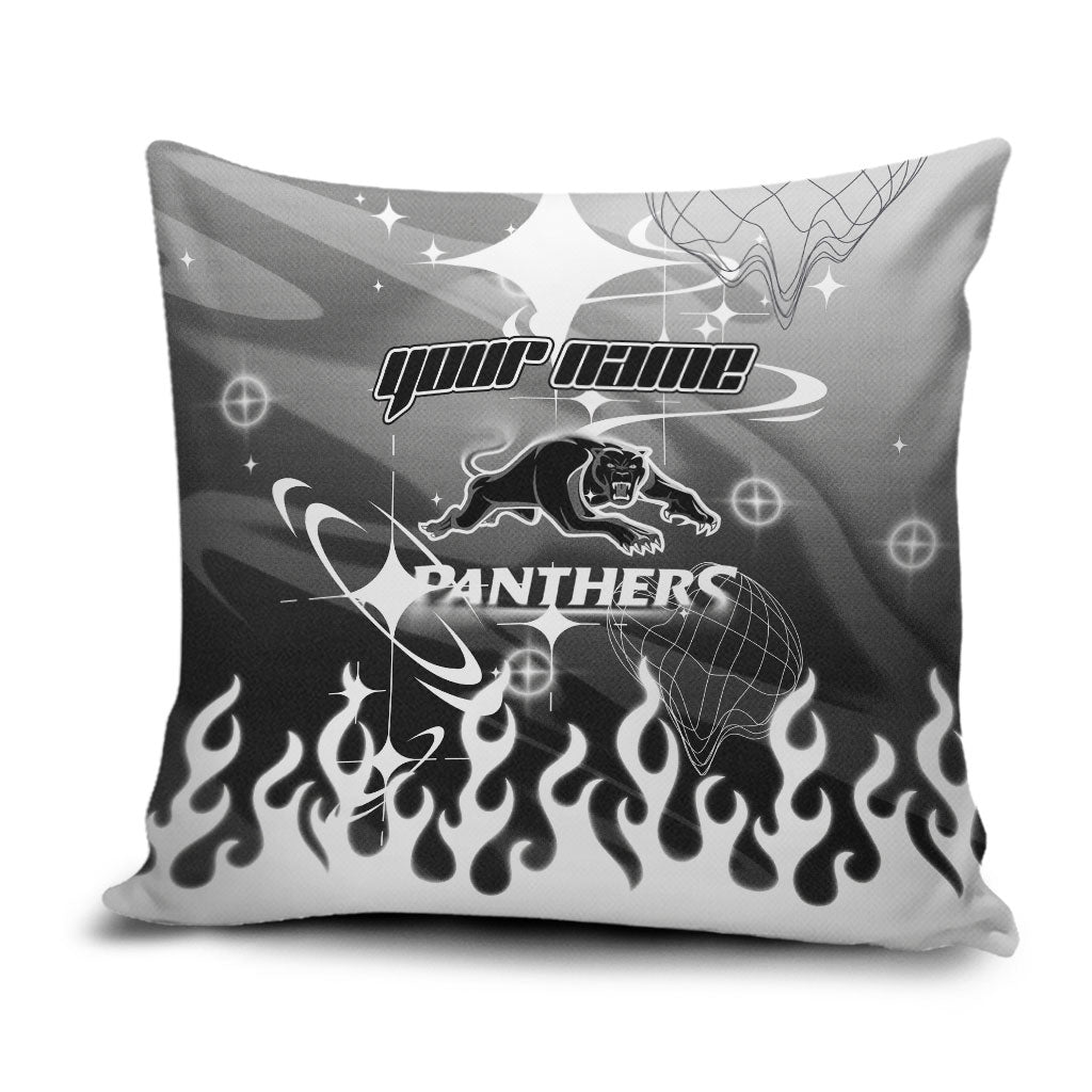 Personalized Penrith Panthers Pillow Cover Y2K Grunge Aesthetic With Cyber Flames and Starburst Graphics