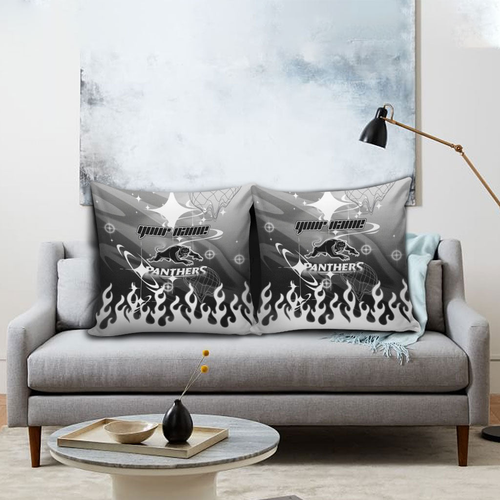 Personalized Penrith Panthers Pillow Cover Y2K Grunge Aesthetic With Cyber Flames and Starburst Graphics