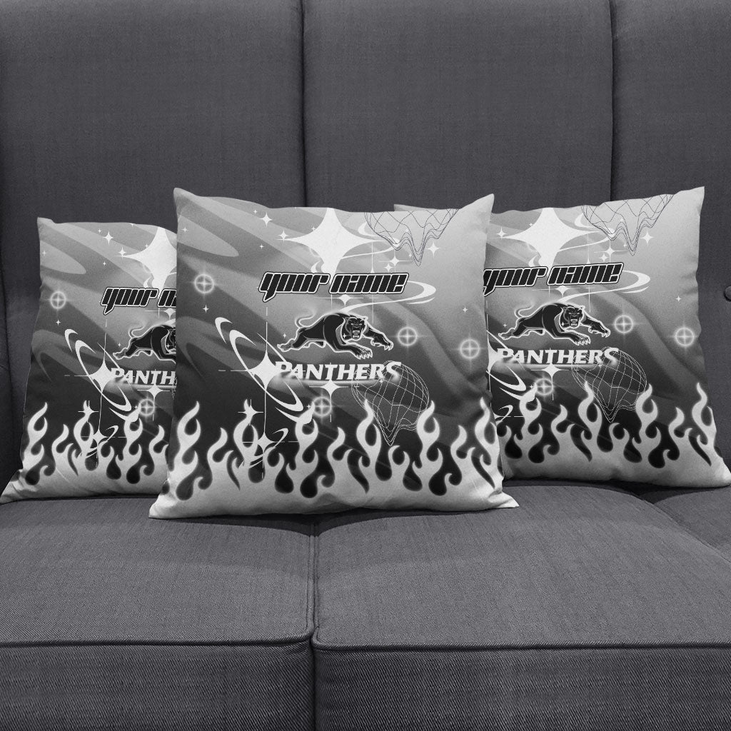 Personalized Penrith Panthers Pillow Cover Y2K Grunge Aesthetic With Cyber Flames and Starburst Graphics