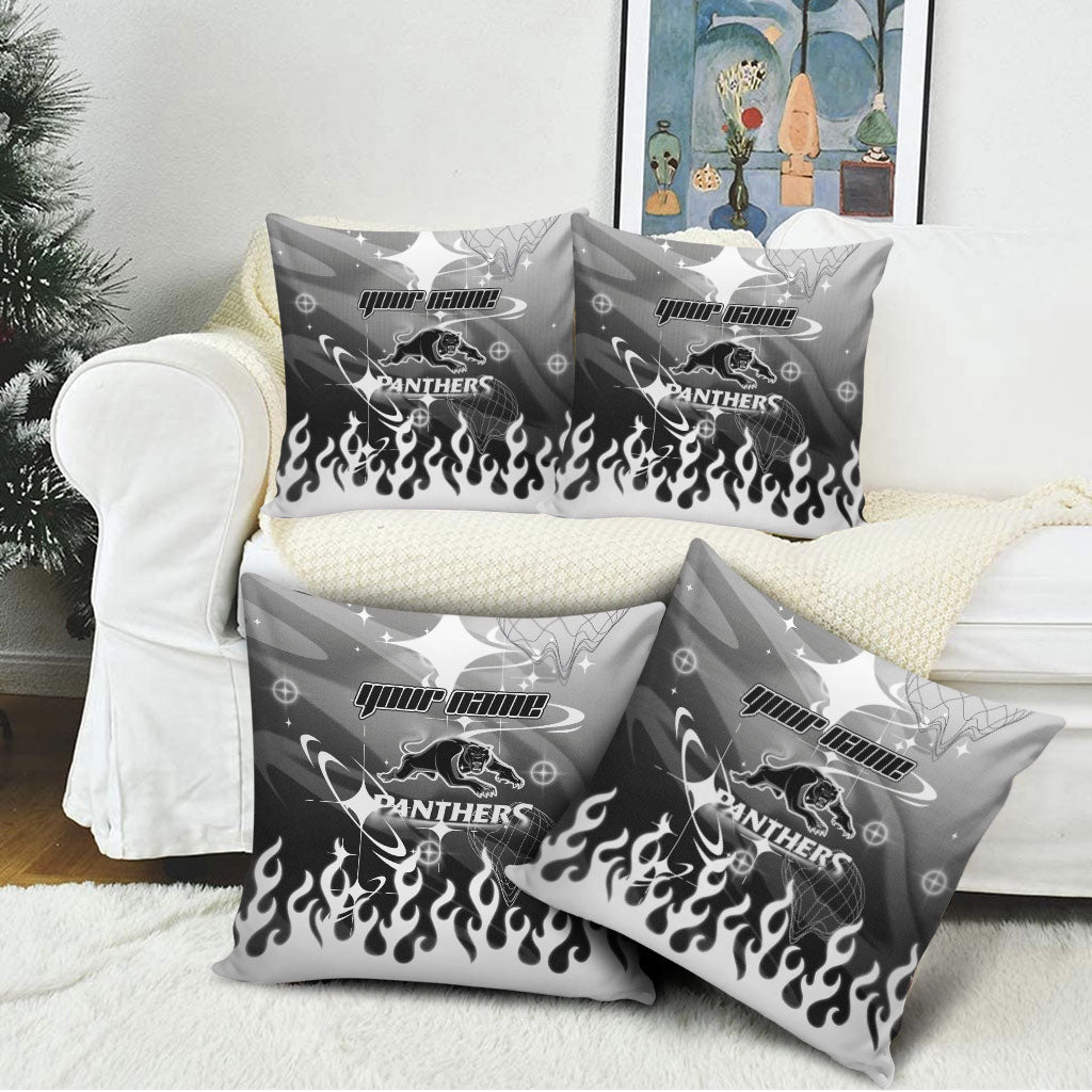 Personalized Penrith Panthers Pillow Cover Y2K Grunge Aesthetic With Cyber Flames and Starburst Graphics