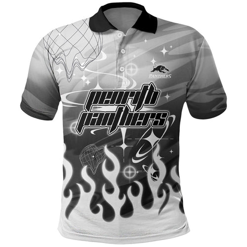 Personalized Penrith Panthers Polo Shirt Y2K Grunge Aesthetic With Cyber Flames and Starburst Graphics