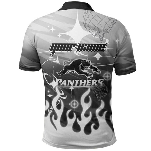 Personalized Penrith Panthers Polo Shirt Y2K Grunge Aesthetic With Cyber Flames and Starburst Graphics