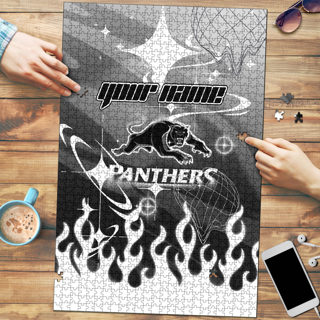 Personalized Penrith Panthers Puzzle Y2K Grunge Aesthetic With Cyber Flames and Starburst Graphics