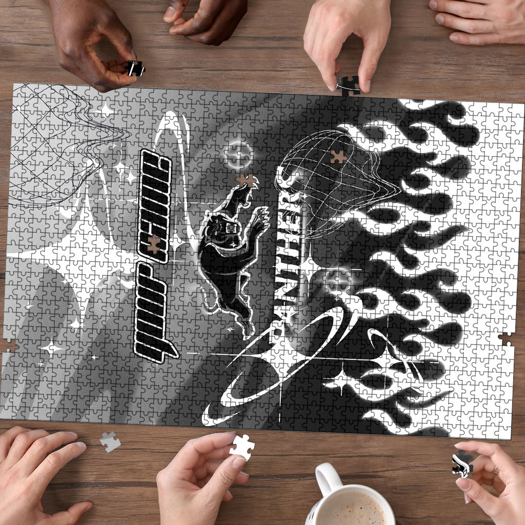 Personalized Penrith Panthers Puzzle Y2K Grunge Aesthetic With Cyber Flames and Starburst Graphics