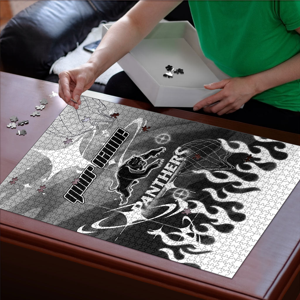 Personalized Penrith Panthers Puzzle Y2K Grunge Aesthetic With Cyber Flames and Starburst Graphics
