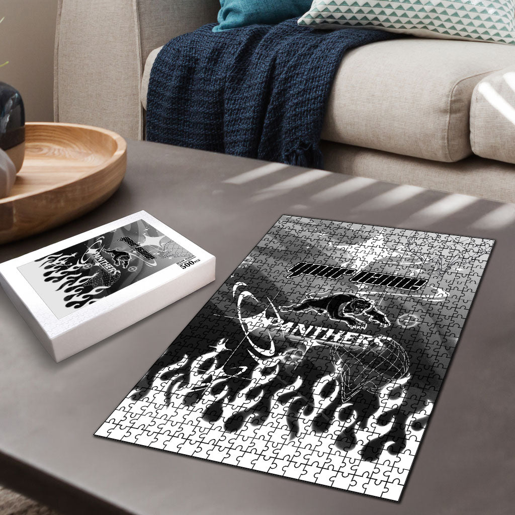 Personalized Penrith Panthers Puzzle Y2K Grunge Aesthetic With Cyber Flames and Starburst Graphics