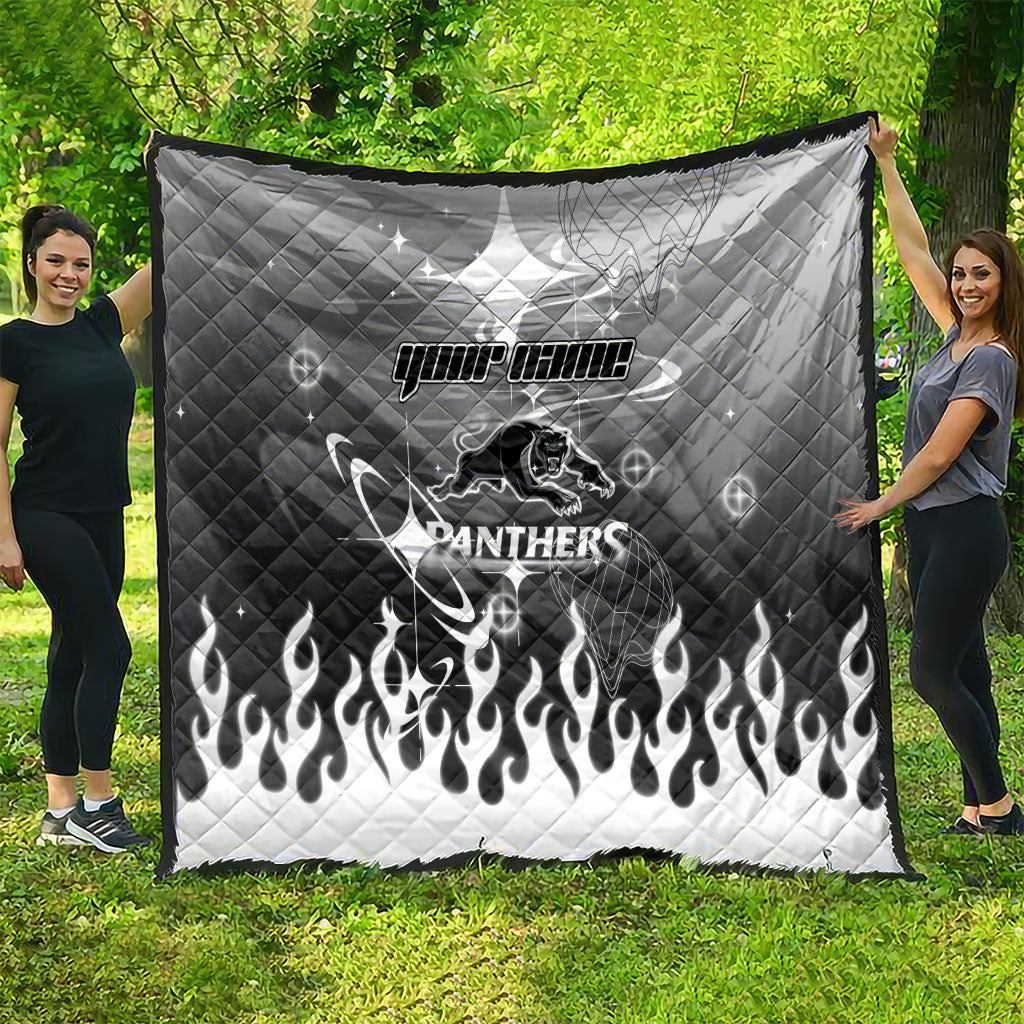 Personalized Penrith Panthers Quilt Y2K Grunge Aesthetic With Cyber Flames and Starburst Graphics