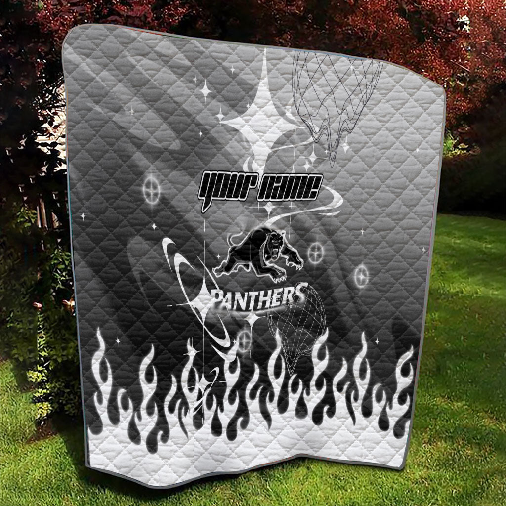 Personalized Penrith Panthers Quilt Y2K Grunge Aesthetic With Cyber Flames and Starburst Graphics