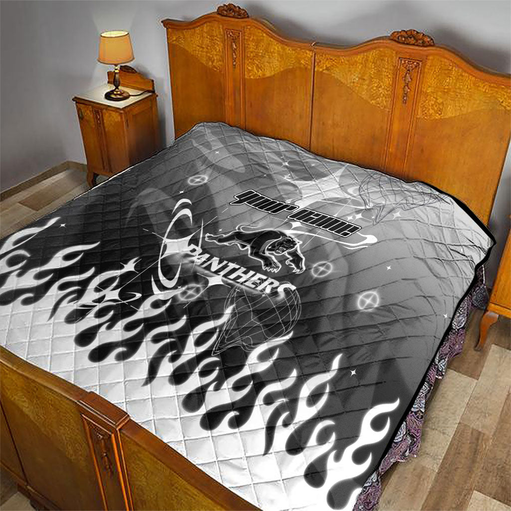 Personalized Penrith Panthers Quilt Y2K Grunge Aesthetic With Cyber Flames and Starburst Graphics
