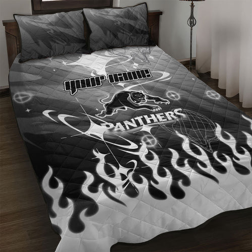 Personalized Penrith Panthers Quilt Bed Set Y2K Grunge Aesthetic With Cyber Flames and Starburst Graphics