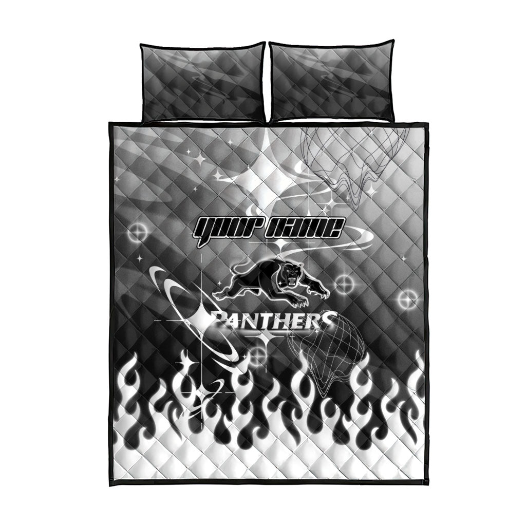 Personalized Penrith Panthers Quilt Bed Set Y2K Grunge Aesthetic With Cyber Flames and Starburst Graphics