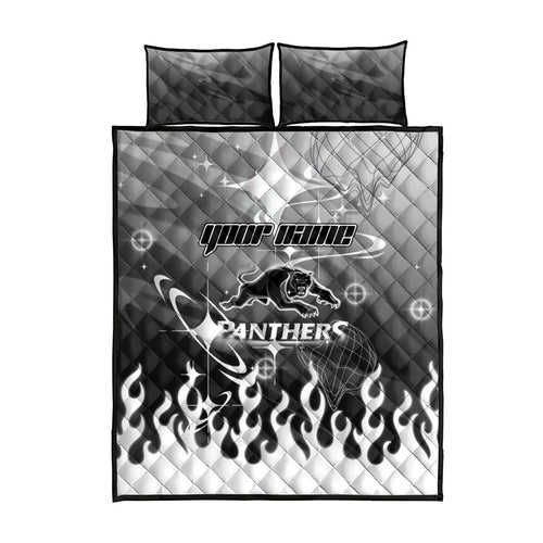 Personalized Penrith Panthers Quilt Bed Set Y2K Grunge Aesthetic With Cyber Flames and Starburst Graphics