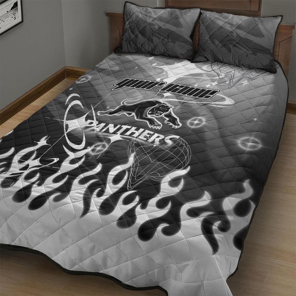 Personalized Penrith Panthers Quilt Bed Set Y2K Grunge Aesthetic With Cyber Flames and Starburst Graphics