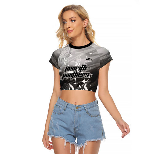 Personalized Penrith Panthers Raglan Cropped T Shirt Y2K Grunge Aesthetic With Cyber Flames and Starburst Graphics