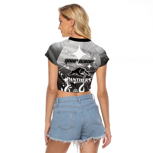 Personalized Penrith Panthers Raglan Cropped T Shirt Y2K Grunge Aesthetic With Cyber Flames and Starburst Graphics
