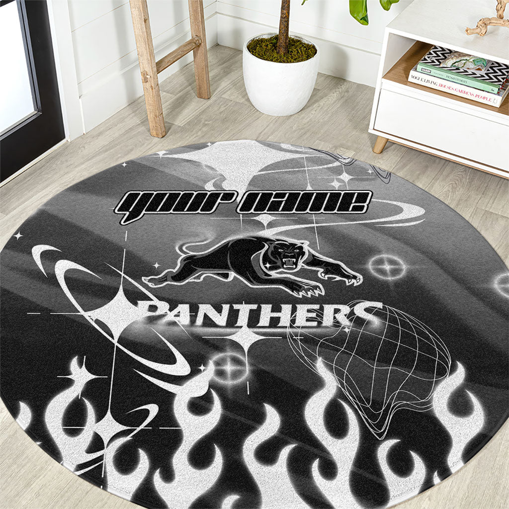 Personalized Penrith Panthers Round Carpet Y2K Grunge Aesthetic With Cyber Flames and Starburst Graphics