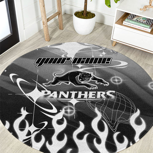 Personalized Penrith Panthers Round Carpet Y2K Grunge Aesthetic With Cyber Flames and Starburst Graphics