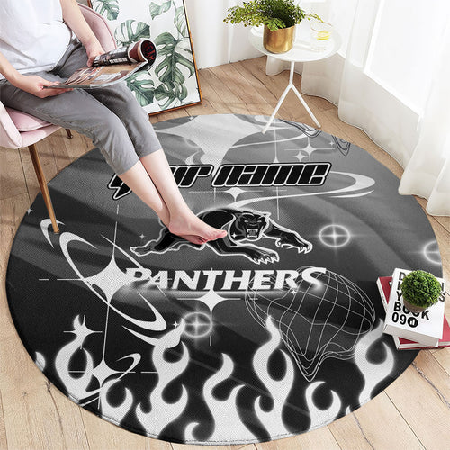 Personalized Penrith Panthers Round Carpet Y2K Grunge Aesthetic With Cyber Flames and Starburst Graphics