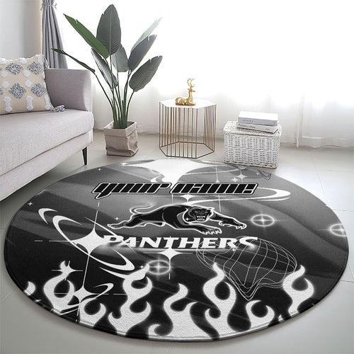 Personalized Penrith Panthers Round Carpet Y2K Grunge Aesthetic With Cyber Flames and Starburst Graphics