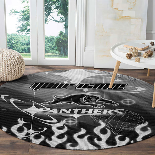 Personalized Penrith Panthers Round Carpet Y2K Grunge Aesthetic With Cyber Flames and Starburst Graphics