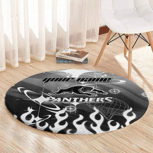 Personalized Penrith Panthers Round Carpet Y2K Grunge Aesthetic With Cyber Flames and Starburst Graphics