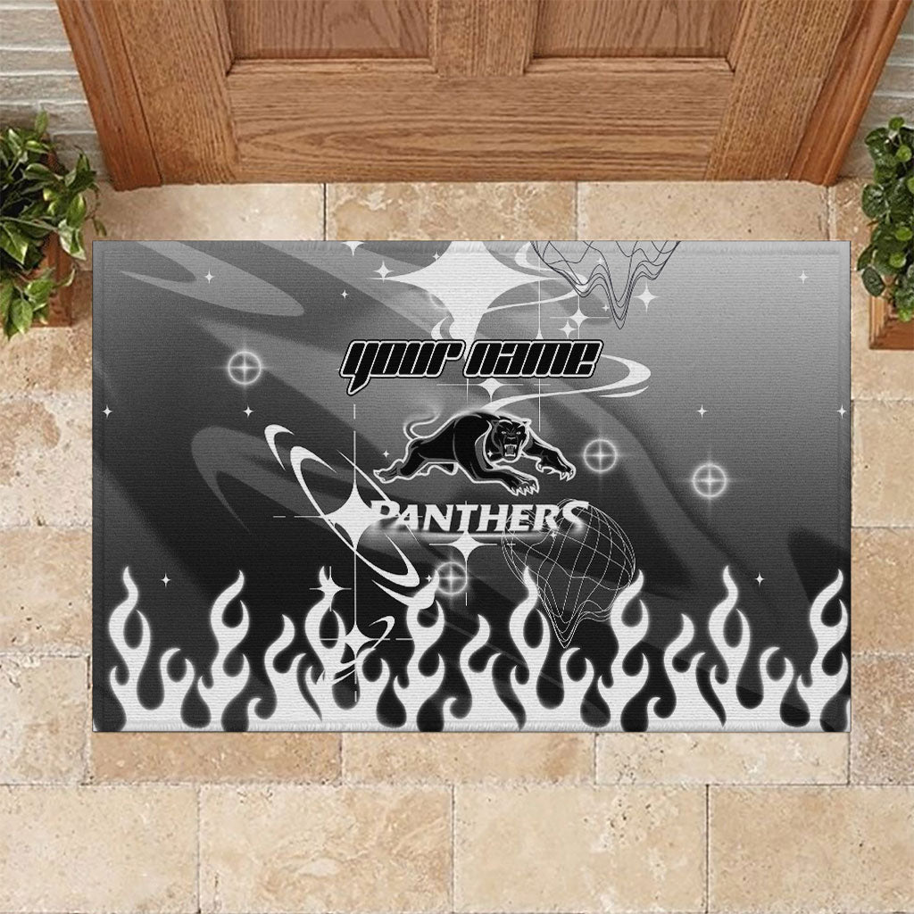 Personalized Penrith Panthers Rubber Doormat Y2K Grunge Aesthetic With Cyber Flames and Starburst Graphics