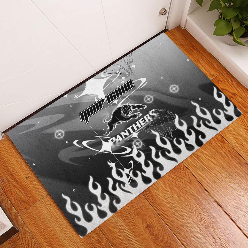 Personalized Penrith Panthers Rubber Doormat Y2K Grunge Aesthetic With Cyber Flames and Starburst Graphics