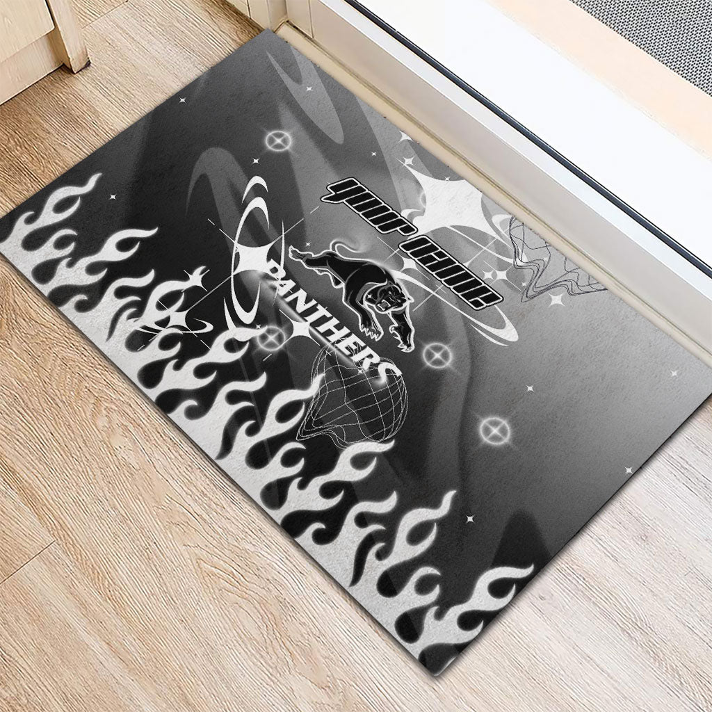 Personalized Penrith Panthers Rubber Doormat Y2K Grunge Aesthetic With Cyber Flames and Starburst Graphics