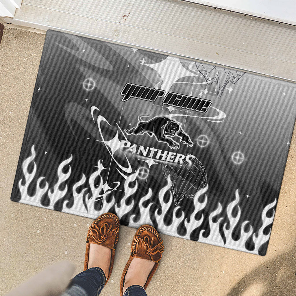 Personalized Penrith Panthers Rubber Doormat Y2K Grunge Aesthetic With Cyber Flames and Starburst Graphics