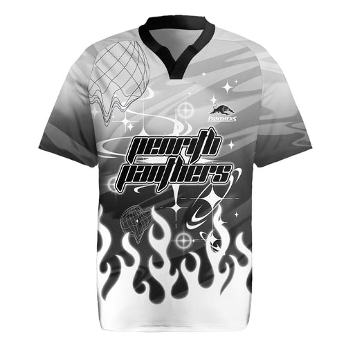 Personalized Penrith Panthers Rugby Jersey Y2K Grunge Aesthetic With Cyber Flames and Starburst Graphics