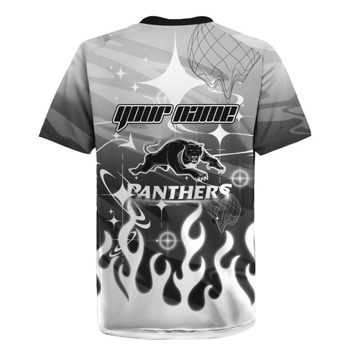 Personalized Penrith Panthers Rugby Jersey Y2K Grunge Aesthetic With Cyber Flames and Starburst Graphics
