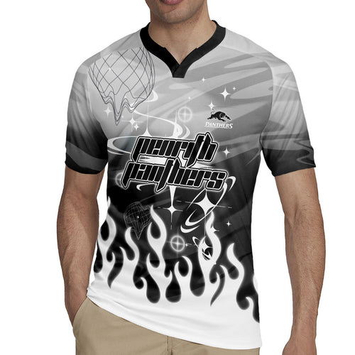Personalized Penrith Panthers Rugby Jersey Y2K Grunge Aesthetic With Cyber Flames and Starburst Graphics