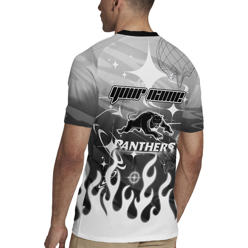 Personalized Penrith Panthers Rugby Jersey Y2K Grunge Aesthetic With Cyber Flames and Starburst Graphics