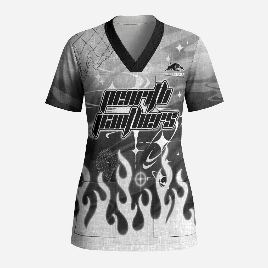 Personalized Penrith Panthers Scrub Top Y2K Grunge Aesthetic With Cyber Flames and Starburst Graphics