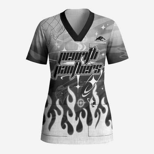 Personalized Penrith Panthers Scrub Top Y2K Grunge Aesthetic With Cyber Flames and Starburst Graphics