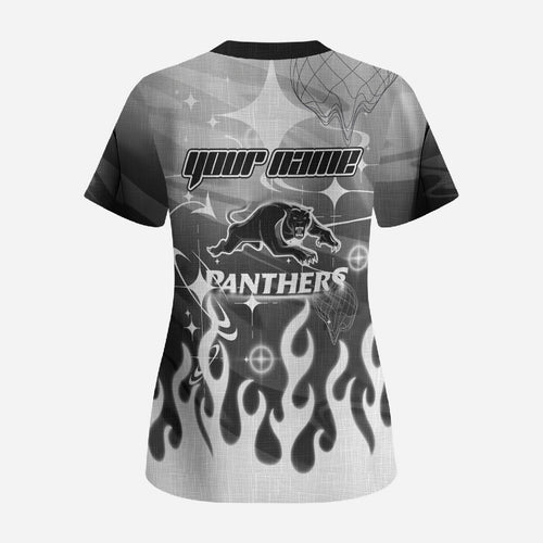 Personalized Penrith Panthers Scrub Top Y2K Grunge Aesthetic With Cyber Flames and Starburst Graphics