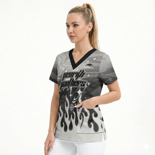 Personalized Penrith Panthers Scrub Top Y2K Grunge Aesthetic With Cyber Flames and Starburst Graphics