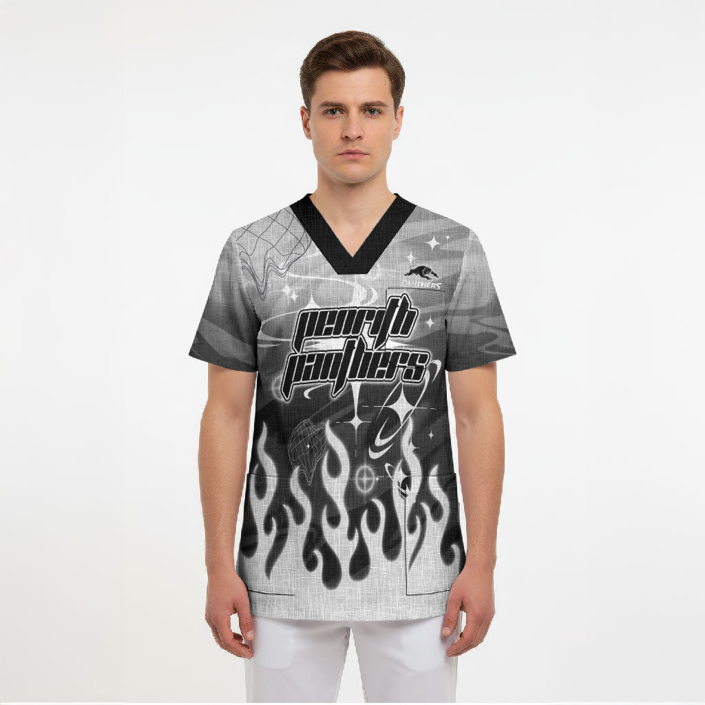 Personalized Penrith Panthers Scrub Top Y2K Grunge Aesthetic With Cyber Flames and Starburst Graphics