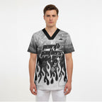 Personalized Penrith Panthers Scrub Top Y2K Grunge Aesthetic With Cyber Flames and Starburst Graphics