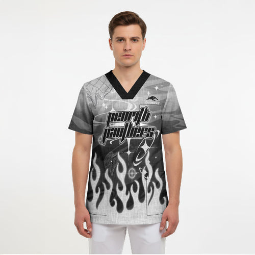 Personalized Penrith Panthers Scrub Top Y2K Grunge Aesthetic With Cyber Flames and Starburst Graphics