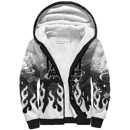 Personalized Penrith Panthers Sherpa Hoodie Y2K Grunge Aesthetic With Cyber Flames and Starburst Graphics